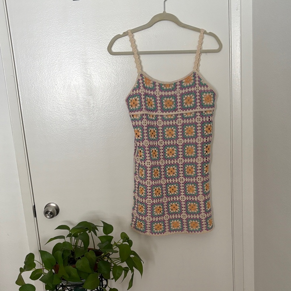 Crochet Square-Pattern Mini Dress in Cream, Purple & Yellow